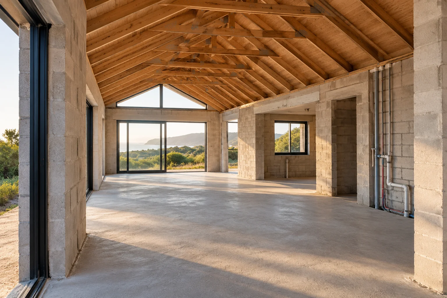 Illustration of an unfinished coastal home with exposed roof timbers, masonry and pipework