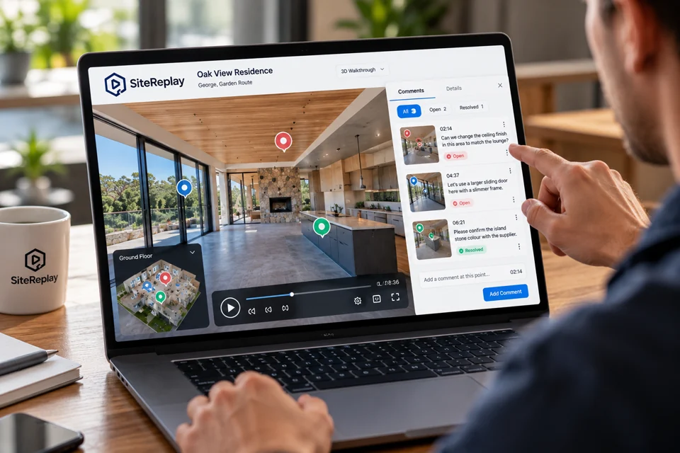 Illustrative laptop view of someone reviewing a recorded room