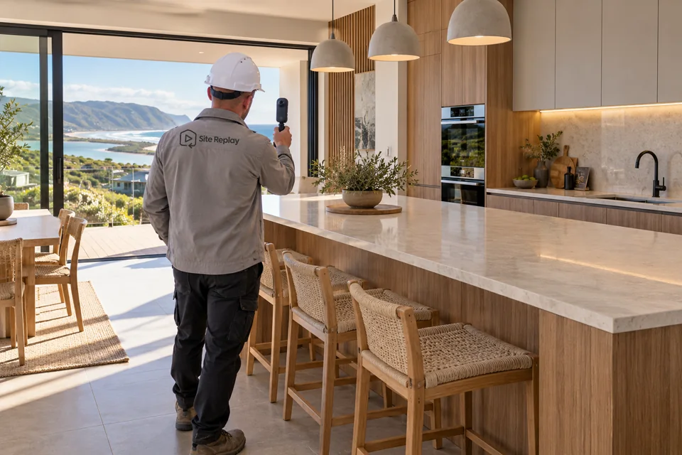 A camera operator recording a completed kitchen