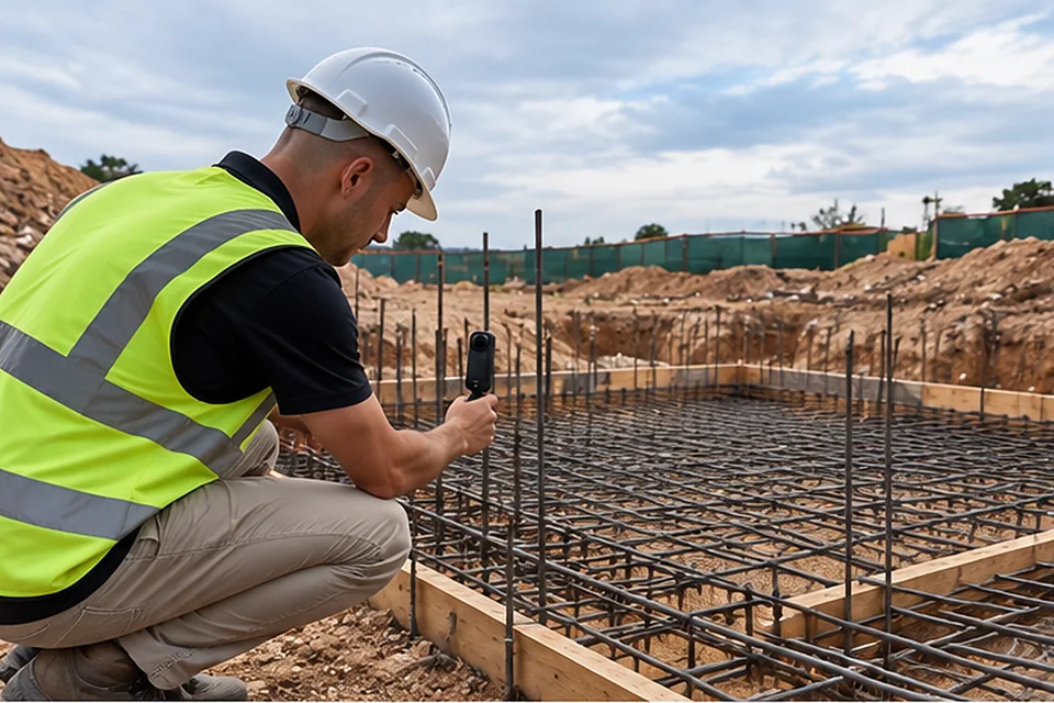A camera operator recording exposed reinforcement on a building site