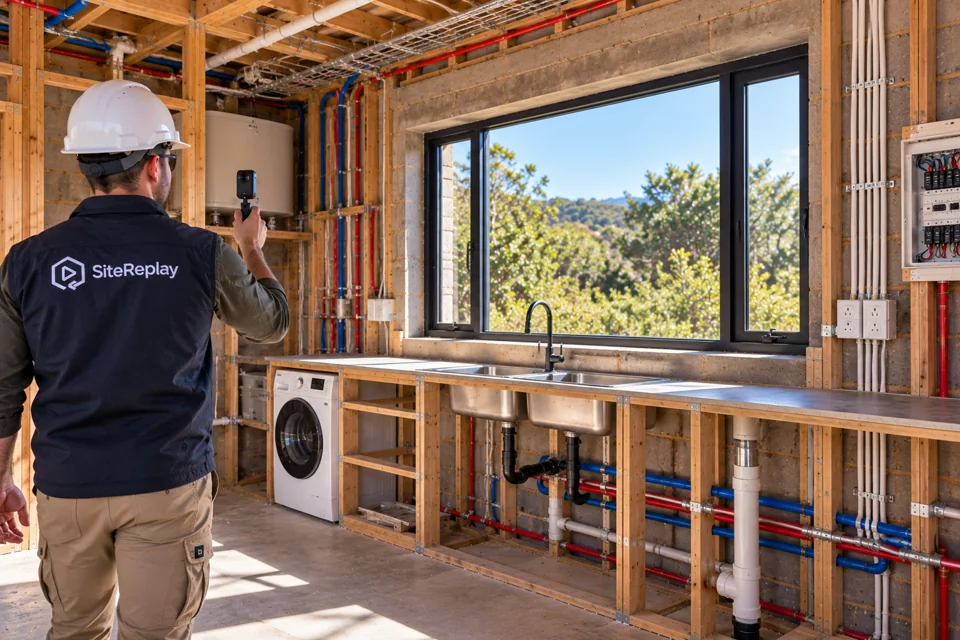 Exposed plumbing and electrical routes being recorded before the walls are closed