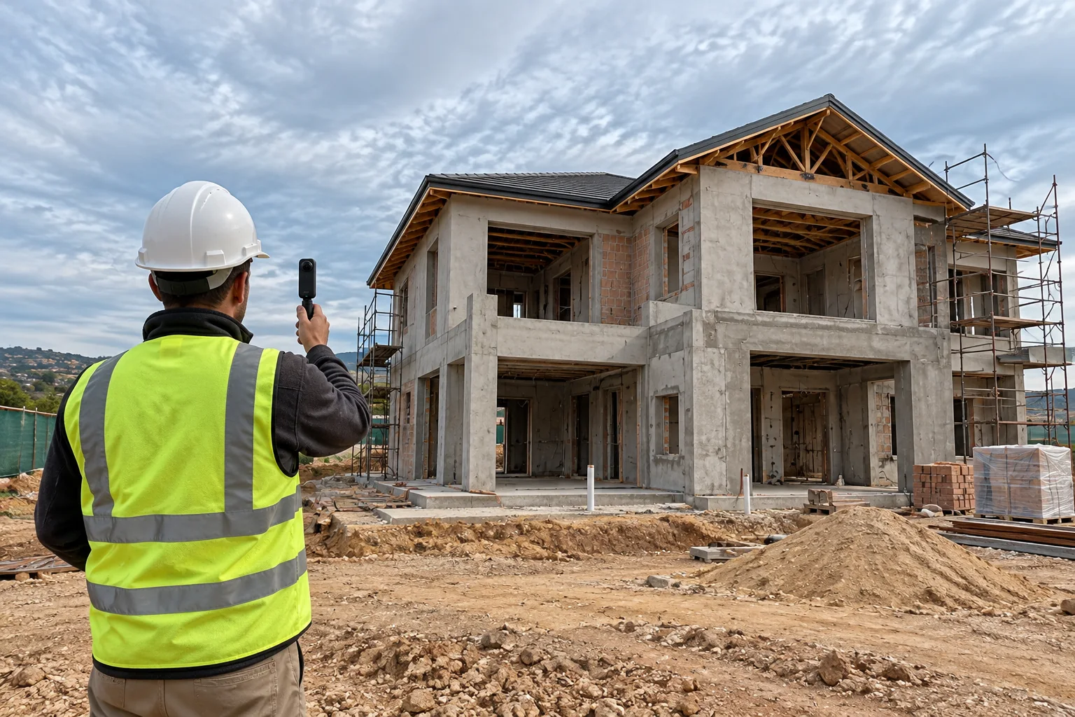 A house under construction with its structural frame and roof visible